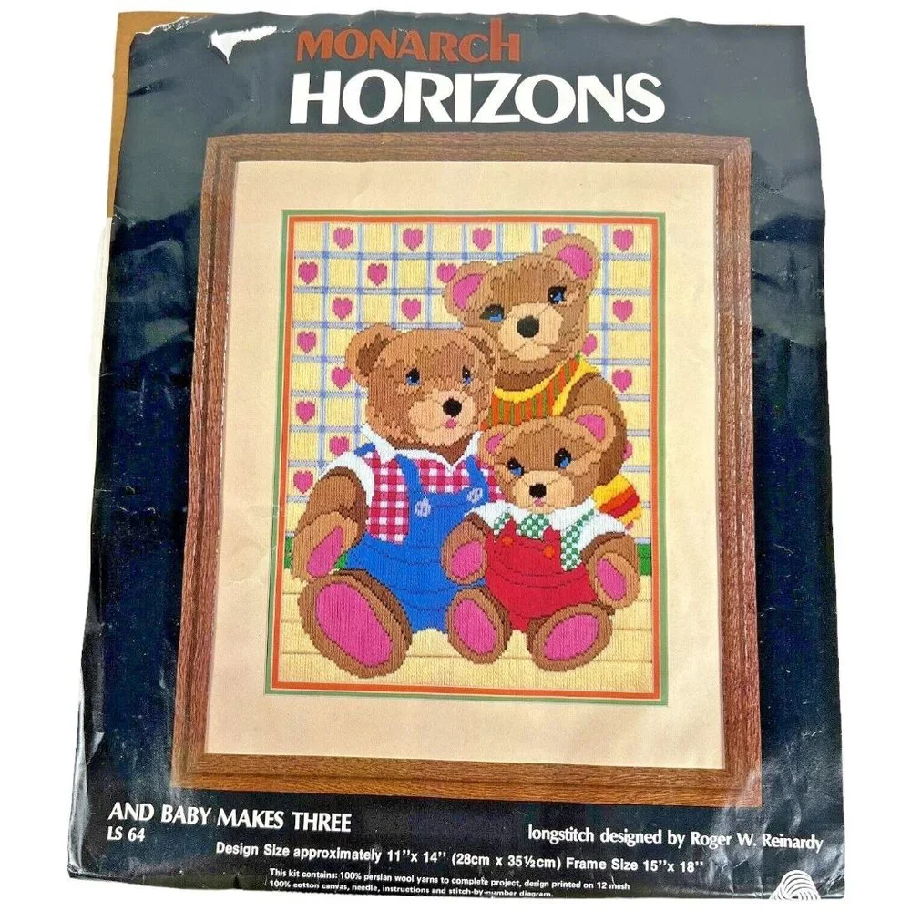 1982 Monarch Horizons And Baby Makes Three Long Stitch Crewel Kit Bear‎ LS 64